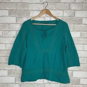 Prana Crochet Lace 100% Organic Cotton Teal Blouse Size XL